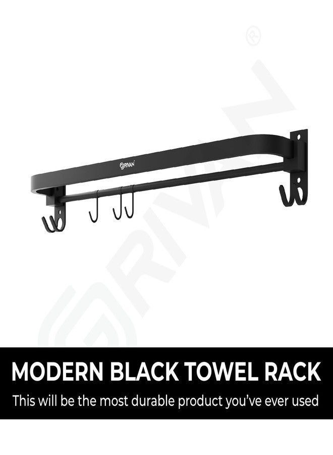 GRIVAN Stylish Stainless Steel 24 Inch Foldable Towel Rod/Shelf/Stand for Bathroom, Towel Holder with Hooks and Hanger (Black Matte Finish) - Image 3